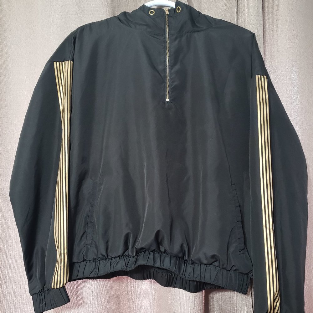 Forever 21 Windbreaker Light Jacket Black Gold Accent Hooded Half-Zip Women's M